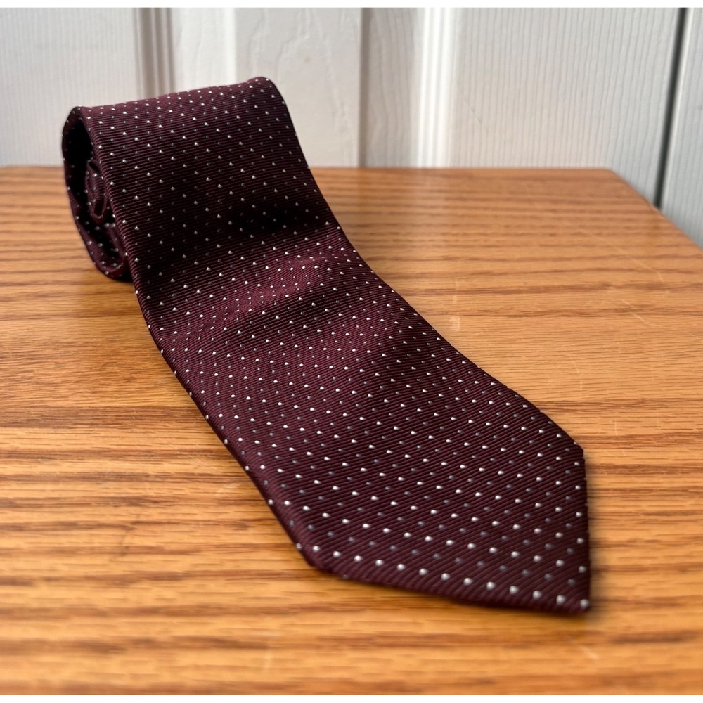 PRADA Made in Italy Garnet Red White Gray Microdot 100% Silk Tie